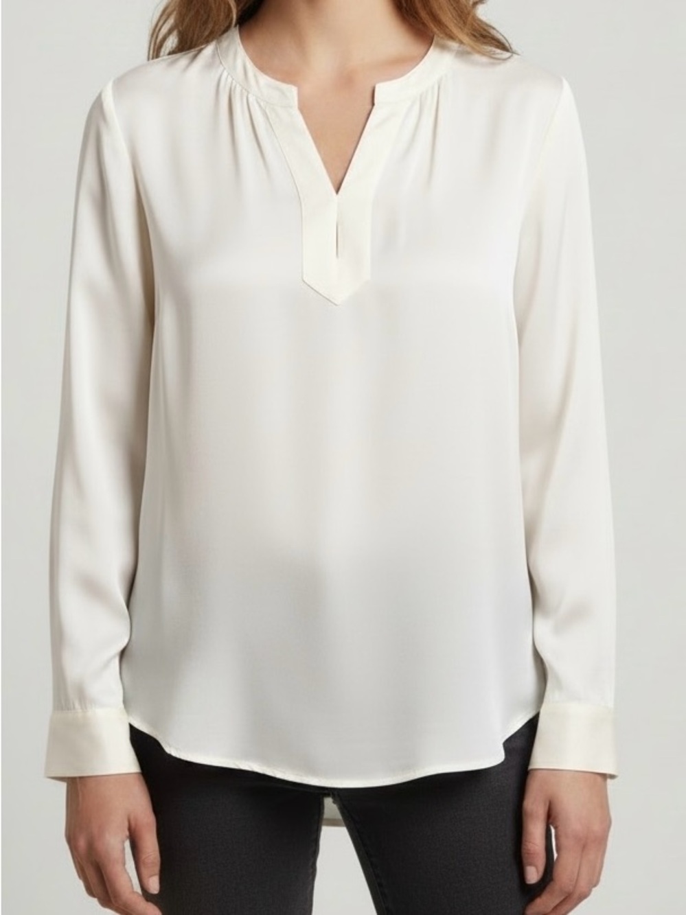 LOFT Off-White Blouse | Gathered Split Neck Long Sleeve | SZ XL Like New